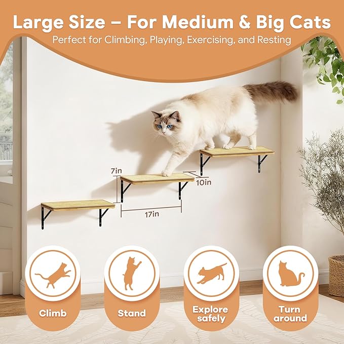 3Pcs 16.5"×10" Large Cat Wall Shelves - Wall Mounted Cat Shelves, Natural Wood with Fixtures for Large Cats and Kittens for Household Pets Sleeping, Playing, Climbing