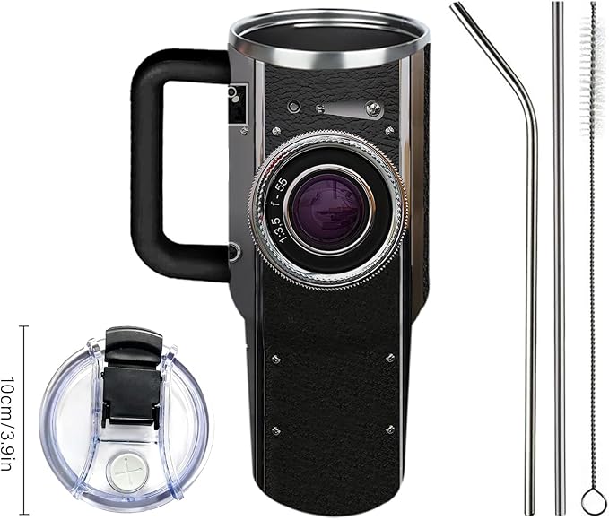 Photographer Gifts for Women Men Tumbler with Handle Straws 40oz Photography Lovers Camera Lens Coffee Cup Mugs, Cool Photographers Birthday Christmas Gift