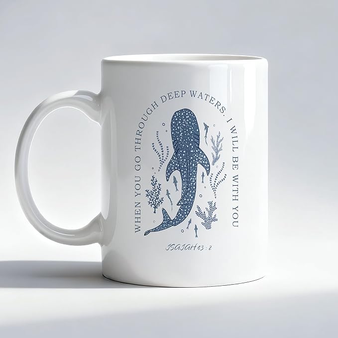 Whale Shark Christian Mug, Isaiah 43:2 Bible Verse Coffee Cup, Christian Gifts for Women Men, Coastal Beach Religious Scripture Ceramic Coffee Mug 11 oz