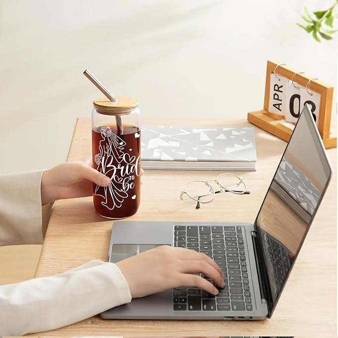 Joeyan Bride To Be Glass Cup with Lid and Straw - Iced Coffee Cups with Positive Crochet Bunny, Bridal Shower Gift, Wedding Themed Glass Tumbler for Smoothie Boba Tea, Engagement Gifts for Future Mrs