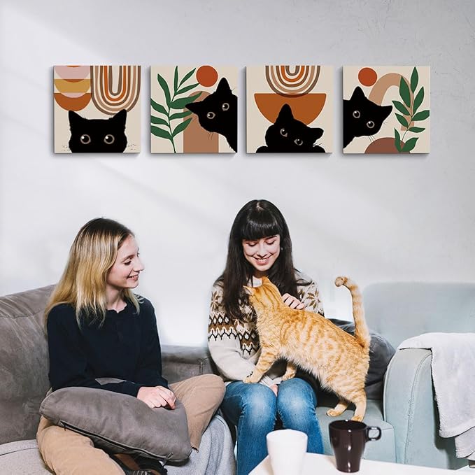 4 PCs Boho Cat Canvas Wall Art Framed Wall Decor, Botanical Wall Decor Bohemian Decor, Cat Lover Gifts, Cat Themed Gifts Art Prints Paintings, Cat Pictures Home Decor for Kitchen Bedroom Farmhouse