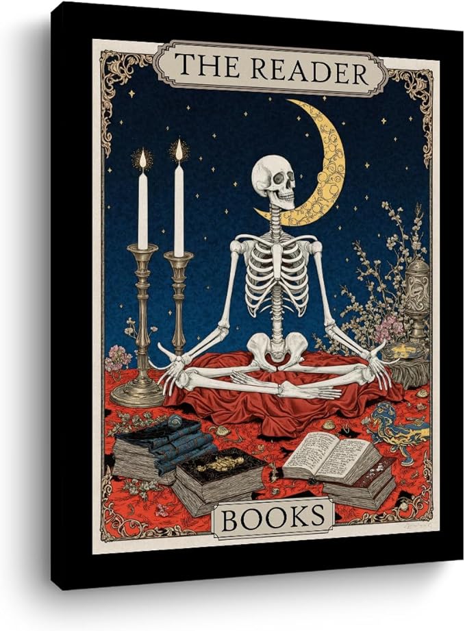 The Homebody Tarot Card Wall Art, Funny Skeleton Meditating Posters, Book Lovers Gifts, Vintage Canvas Framed Prints Room Aesthetic, Whimsical Decor for Living Room Entryway Bedroom Book Shelf