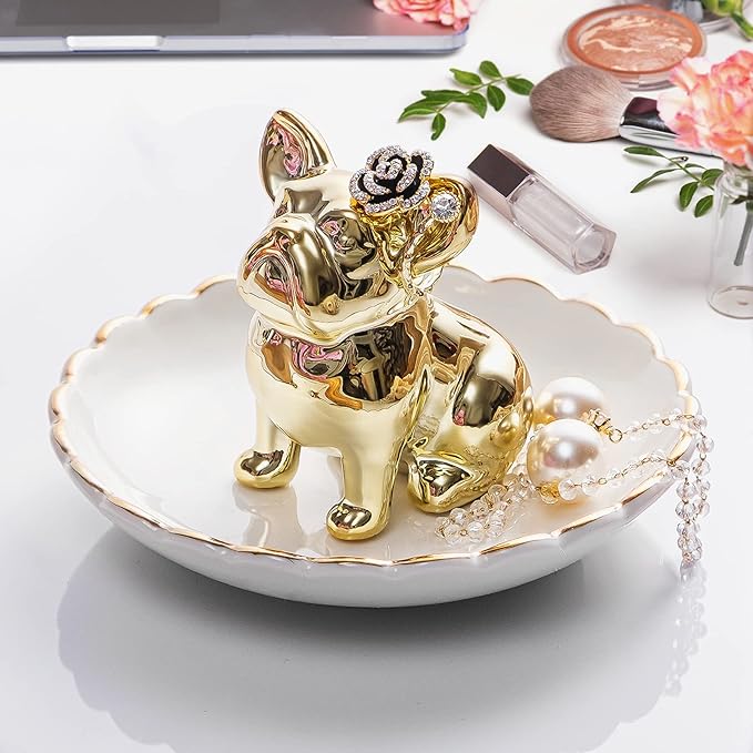 PUDDING CABIN Bulldog Ring Holder Dish, Gifts for Mom Valentines, Birthday Gift for Women Friend Girls Aunt Mothers Day Bridesmaid Wedding Engagement Xmas Gifts, Dog Mom Gifts for Women
