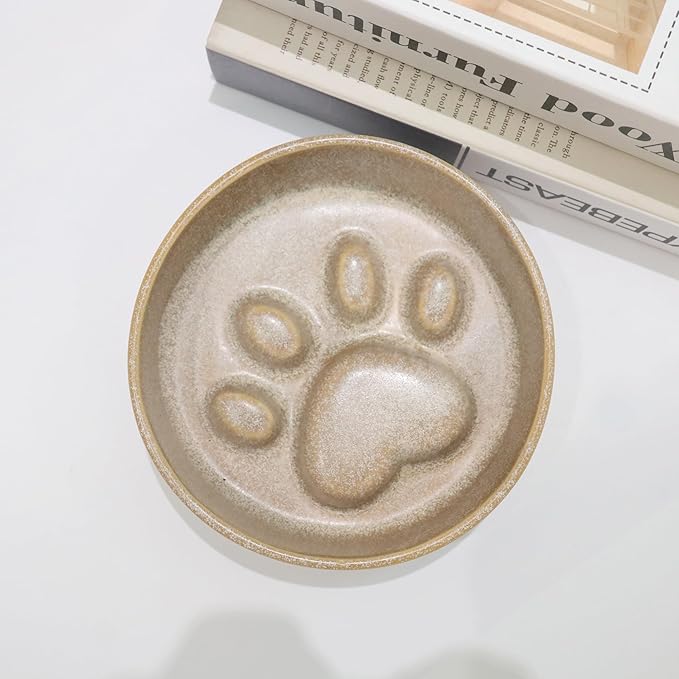 Ceramic Slow Feeder Bowl, 6.69 x 5.7 inches, Elevated Design with Paw Pattern, for Cats and Small Dogs (Khaki)