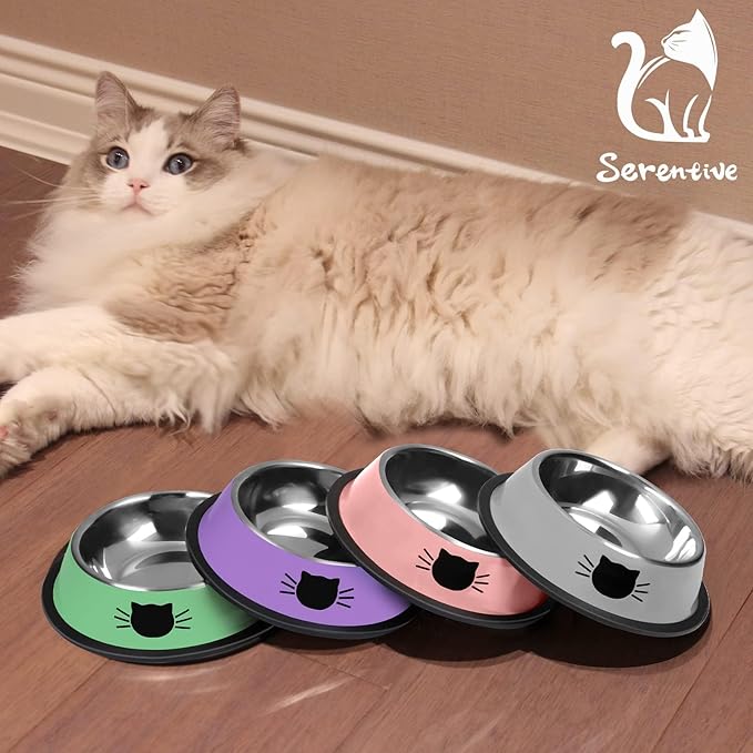 2 Pcs Non-Slip Stainless Steel Small Cat Food Bowls - Unbreakable, Thicken 7 Oz Cat Dishes - Indoor, Removable Rubber Base, Easily Clean, Lovely Color