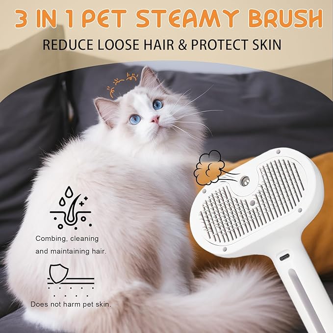 Fresh Fur Shower Brush, 3 in 1 Pet Steam Brush, Spray Hair Removal Comb for Cats ＆ Dogs - Deshedding＆ Grooming (White)