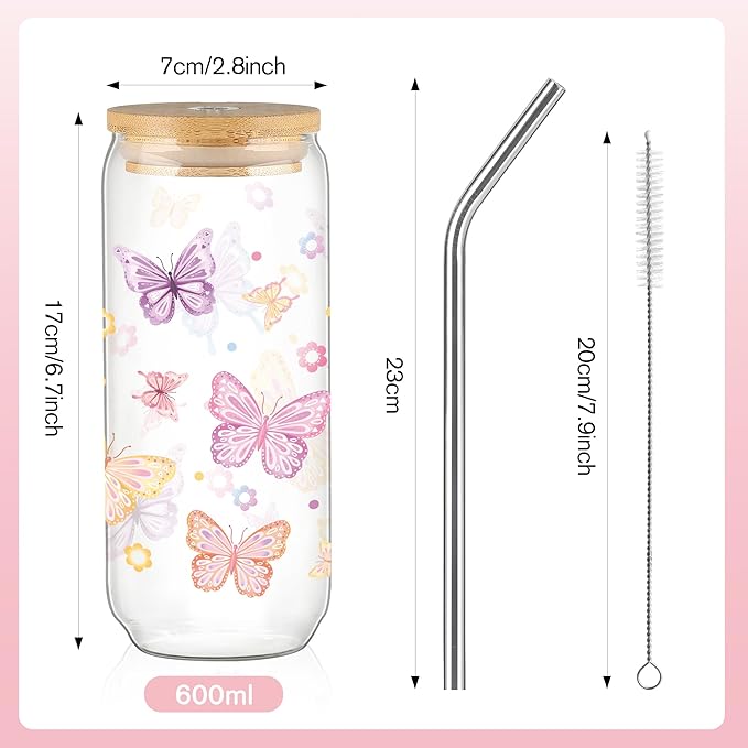 Joeyan Glass Cups with Lids and Straws - 20oz Iced Coffee Cup, Cute Pastel Butterfly Floral Glass Tumbler, Drinking Glasses for Smoothie Boba Tea, Birthday Mothers Day Gift for Women, Mom, Friend