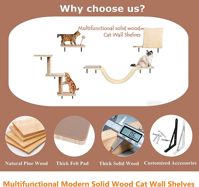 Wall Mounted Cat Climber Set, Cat Wall Shelves,with Hammock,Jumping Boards,Sofa,Steps,Scratching Post,Hanging Ball and Felt Pads, Suit for Cats Climb, Jump,Scratch-Beige
