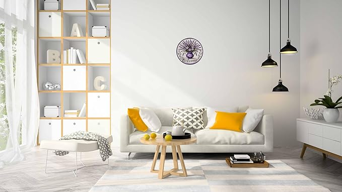 AWISZZZ Lavender Welcome Home Metal Sign 8x8in Round Aesthetic Plaque for Entryway Wall Decor Farmhouse Gift