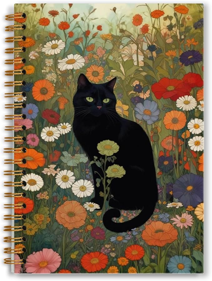 Wildflower Black Cat Notebook, Cats Lover Mom Lady Gifts, Black Kitten Floral Journal, Cat Office Supplies, Perfect Otebooks for School Officen 5.5x8.3 Inch