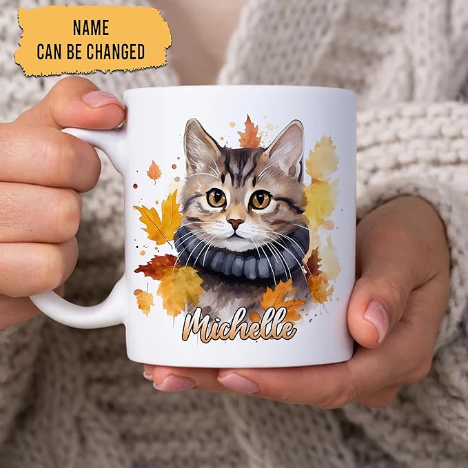 Hyturtle Personalized Fall Cat Maple Leaves Coffee Mug - Birthday Gifts For Cat Lovers - Fall Autumn Decor Gifts For Farmhouse Thanksgiving - Custom Name 11oz White Ceramic Coffee Tea Mug