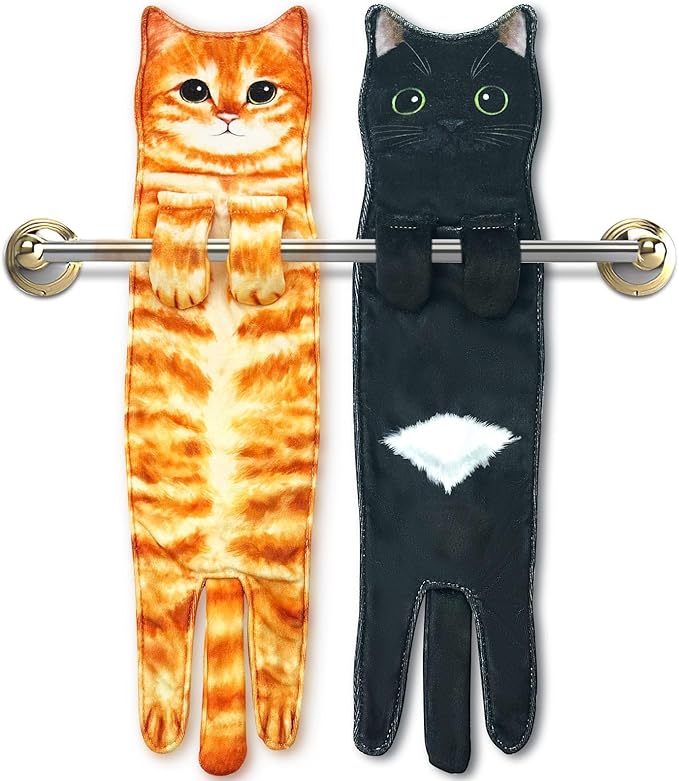 PAT JUUMG Funny Cat Hand Towels for Bathroom Kitchen Decor Cat Towel, Cute Decorative Hanging Face Towels, Super Absorbent Soft, Housewarming Gift, Cat Lovers Gifts for Women (2 Pack-Towel-02)