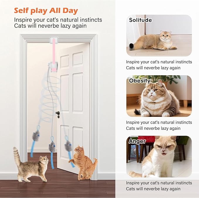 Rechargeable Electric Cat Teaser with Remote – Interactive Door Clip Teaser for Cats, 2 Motion Modes (360° Spin & Irregular Jumping), Smart Auto Cat Toy for Exercise & Fun (Pink)