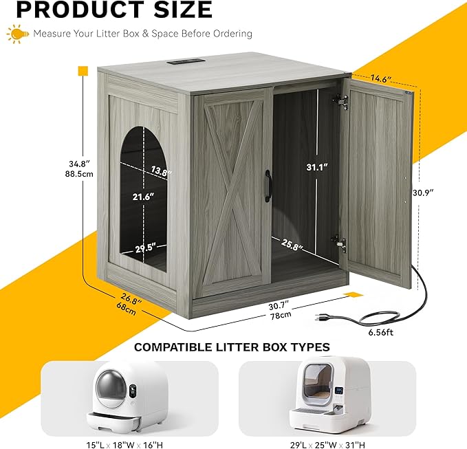 YITAHOME Large Hidden Litter Box Furniture with Power Outlets, Wooden Cat Litter Box Enclosure for Self-Cleaning Litter Boxes, Indoor Wooden Storage Cat Cabinet, Wash Grey