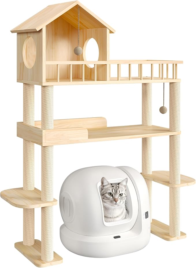 Wood Cat Tower for Automatic Litter Box, 60.2" H Tall Cat Tree for Self Cleaning Litter Box, Multi-Level Solid Wood Cat Tree Tower Cat Furniture w/Scratching Post, House, Burlywood