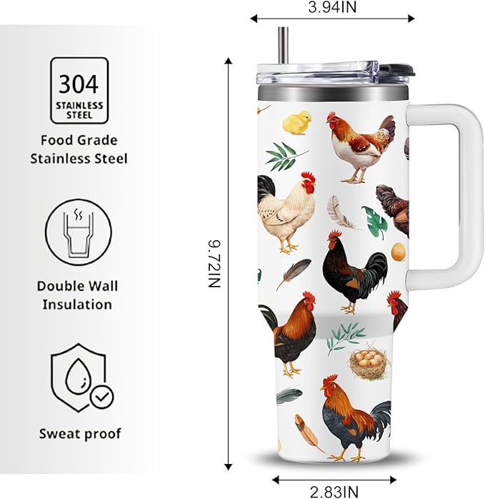Chicken Gifts for Women, Chicken Gifts for Chickens Lovers, Birthday Christmas Chickens Themed Gift for Lady Girl, Insulated Stainless Steel Tumbler with Straw 40oz, BPA-Free