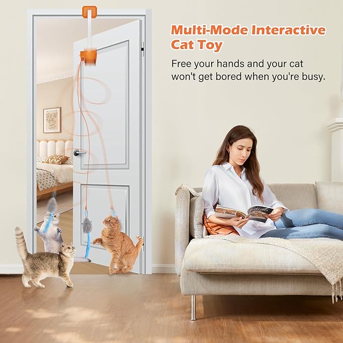 Rechargeable Electric Cat Teaser with Remote – Interactive Door Clip Teaser for Cats, 2 Motion Modes (360° Spin & Irregular Jumping), Smart Auto Cat Toy for Exercise & Fun (Orange)