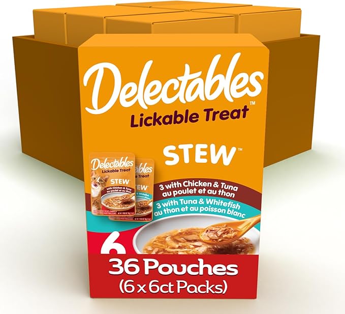 Delectables Lickable Treat Stew Wet Cat Treat Variety Pack, Food Topper, Hydrating, Grain-Free, No Fillers, No By-Products, No Added Preservatives, 1.4oz Pouch, 36 Count