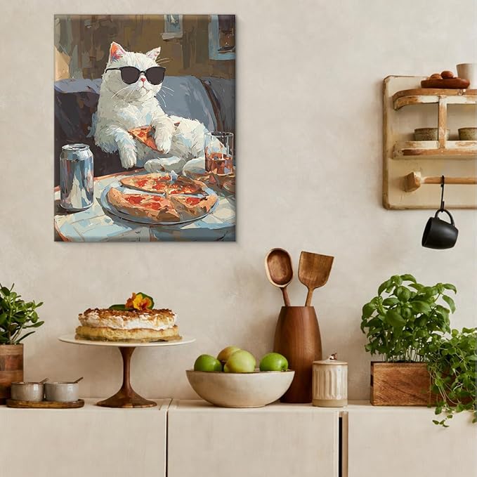 Vintage Cool Cat Wall Art Decor Couch Potato Pet Print Picture Cat Lover Gifts Wall Decor for Home Living Room 8x10 Inch Canvas Framed