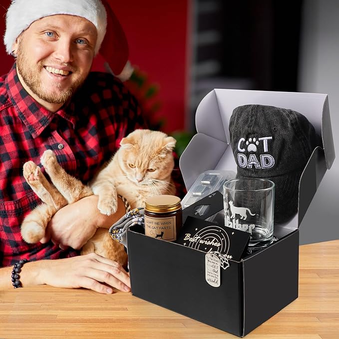 14 Pieces Cat Dad Gifts for Dad Best Cat Dad Ever for Men, for Men Including Whiskey Set Socks Keychain Hat Bottle Opener Greeting Cards Sented Candle