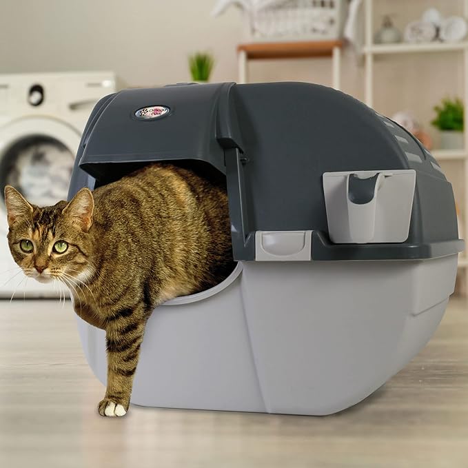 Omega Paw Premium Roll 'N Clean Self Cleaning Litter Box with Integrated Litter Step and Unique Sifting Grill for Quick Maintenance, Large Size, Gray