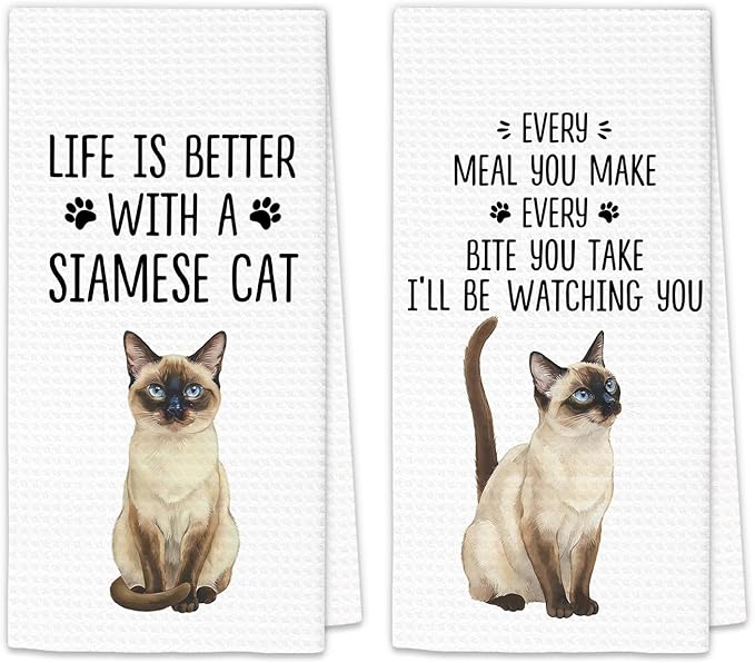 Gifts for Siamese Cat Lovers Kitchen Towels Set of 2, SiameseCat Gifts Hand Towels, Life is Better with a Siamese Cat Dish Towel Tea Towel for Kitchen, Cat Kitty Owners Kitchen Decor, 16x24In