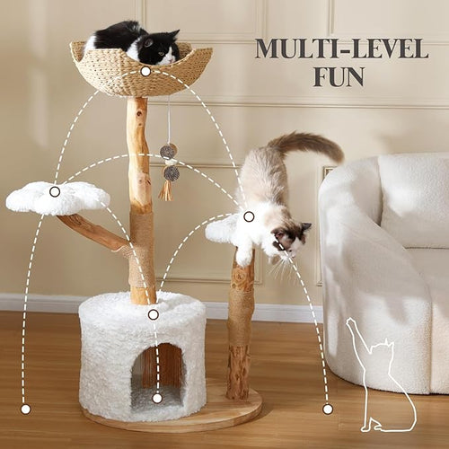 47-Inch Natural Wood Cat Tree for Cats, Modern Cat Tower with Multiple Platforms, Sisal Posts, Handwoven Bed, White Cushions