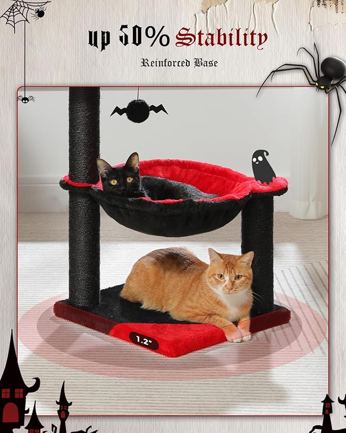 MUTTROS Gothic Cat Tree with Coffin Bed, Spooky Cat Tree with Black Scratching Posts & Halloween Cat Tower & Large Hammock for Small Kittens, Cat Toy Black Bat Included