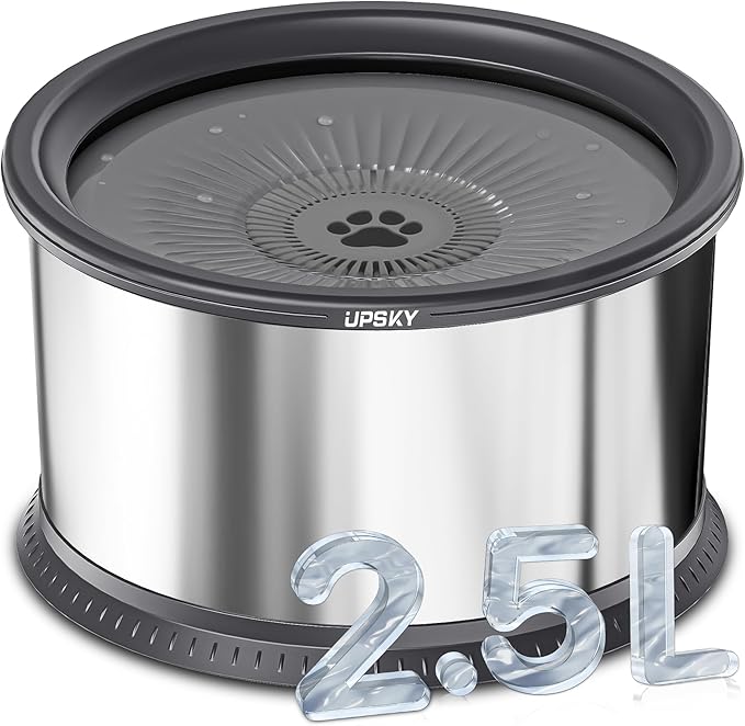 UPSKY 2.5L Dog Water Bowl, No Spill Dog Water Bowl, Stainless Steel Spill Proof Slow Water Feeder,No Splash Water Bowl with Anti-Slip Mat for Messy Drinkers Grey, D.2.5L