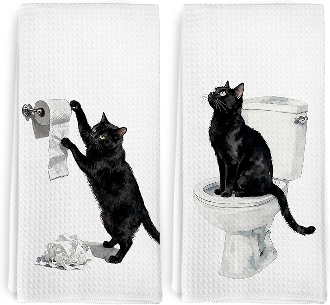 Funny Black Cat Hand Towels Gifts for Women Men, Black Cat Themed Decorative Hand Towels Set of 2, Cute Cats Dish Tea Towels for Kitchen Bathroom Washroom Toilet Decor Decorations, 16x24 Inch