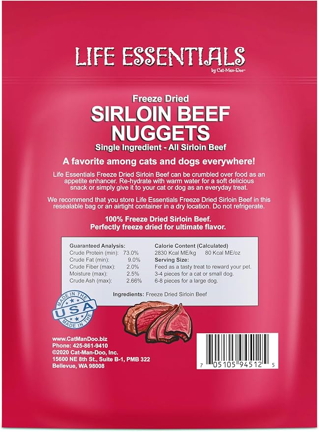 Life Essentials by Cat-Man-Doo Freeze Dried Dog Treats, All Natural Sirloin Beef Nuggets, Healthy High Protein Dog Training Treats, Single Ingredient Beef, 6 oz