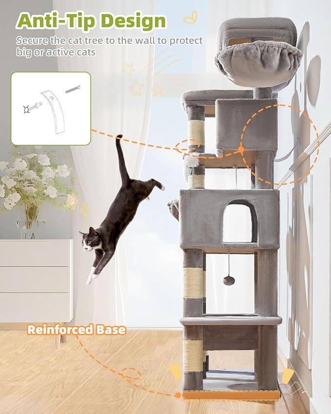 Taoqimiao Cat Tree Tower, 76-Inch Sturdy Cat Tree for Indoor Cats Large Adult Cat Tower with Scratching Posts，2 Condos, 2 Perches, 2 Large Hanging Baskets, Soft Hammock, MS046W Light Gray