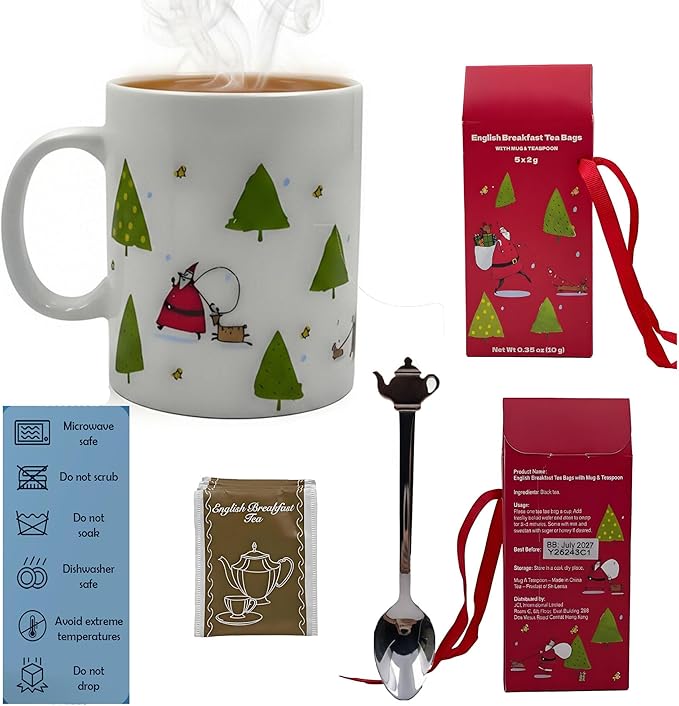 Christmas Holiday Mug Gift — Festive Ceramic Mug with Holiday Illustrations, Includes Tea Bag & Decorative Spoon, Gift Boxed — Perfect Stocking Stuffer, Holiday Hostess Present