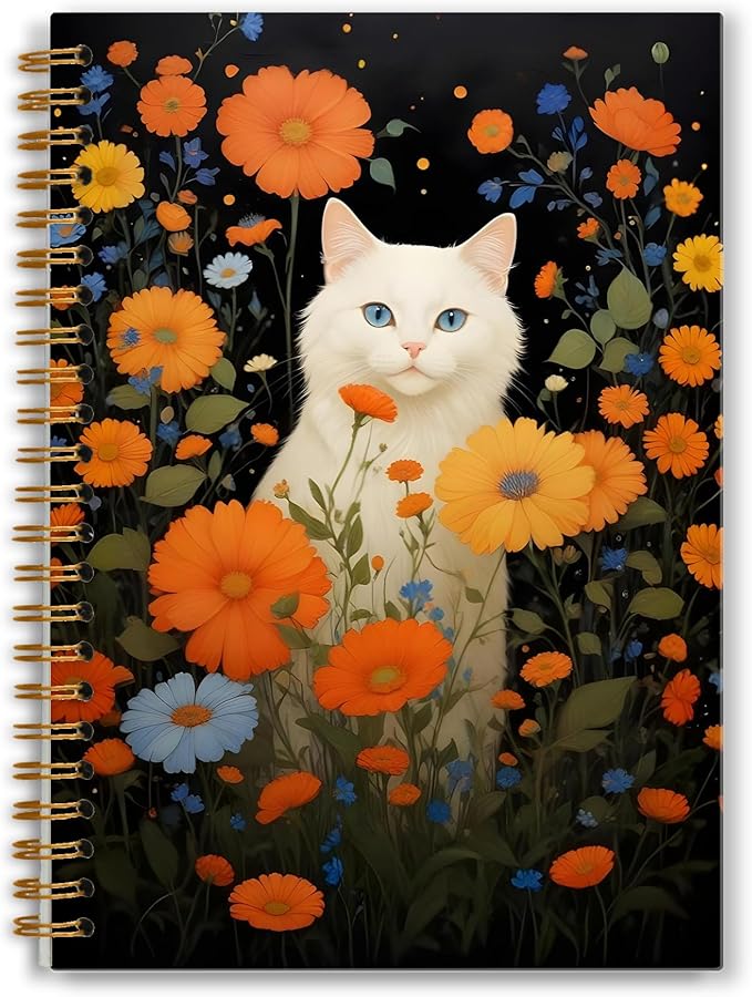 Cat Floral Notebook, Dark Cottagecore Vintage Moody Wildflower White Kitty Journal for Writing, Cat Office Supplies, Spiral Notebook 5.5x8.3 Inch