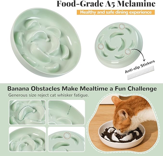 Melamine Cat Slow Feeder Bowl - Pastel Series Cat Plate for Dry and Wet Food - Cute Maze Feeder Dish for Healthy Eating - Dishwasher Safe - 6.3''W x 1.2''H - 7 OZ - Mint Green