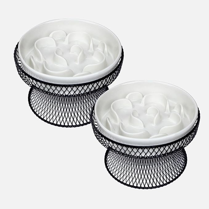 2PCS Raised Ceramic Cat Slow Feeder Bowl Elevated Food Bowl with Stand, Cat Slow Bowl for Wet Food and Dry Food,Slow Down Eating Speed, Whisker Friendly Pet Puzzle Feeder for Kitten and Small Dog