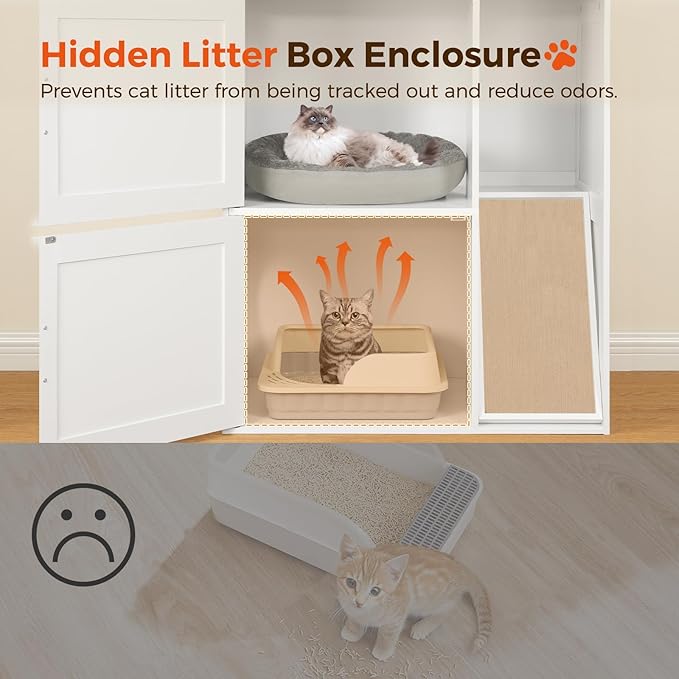 Litter Box Enclosure for 2 Cats, Hidden Litter Box Furniture with Scratch Pad, Double Litter Boxes Enclosure, Wooden Cat Washroom, Indoor Cat House End Table, White and Walnut CWBZ3201