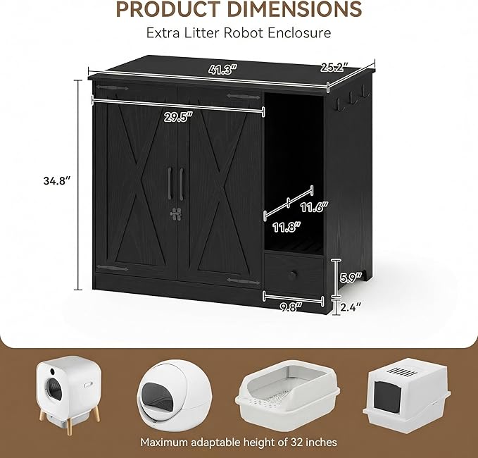 Large/Tall Cat Litter Box Enclosure Furniture, Hidden Self-Cleaning Litter Cabinet with Pull-Out Litter Drawer (Black)