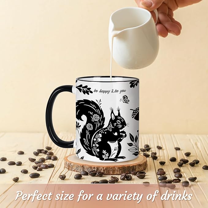 Squirrel Mug 11Oz Mothers Day Birthday Gifts for Women,Squirrel Gifts for Women, Black and White Boho Mug, Holiday Birthday Gift for Animal Lovers Ceramic Coffee Cup Microwave & Dishwasher Safe
