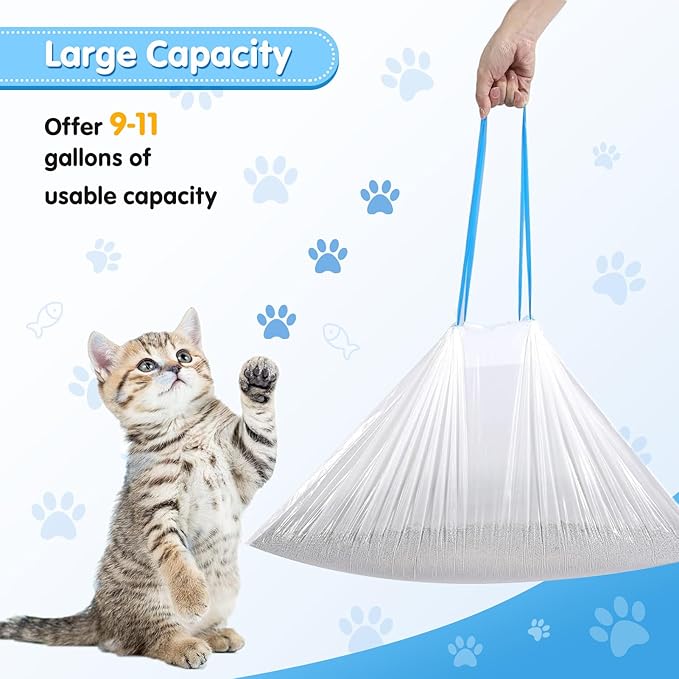 Self Cleaning Cat Litter Box Liner - 60 Counts, Drawstring Cat Litter Waste Container Bags for Self-Cleaning Litter Boxes, Durable, Tear-Resistant, Liquid-Tight