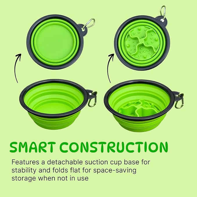 Collapsible Cat Bowl, Maze Design Pet Puzzle Feeder, 650ml Dog Slow Feeding Bowls, Dog Slow Feeder Bowl with Carabiner Portable BPA-Free Silicone Pet Bowls for Hiking,Travel, Camping - ColorGreen