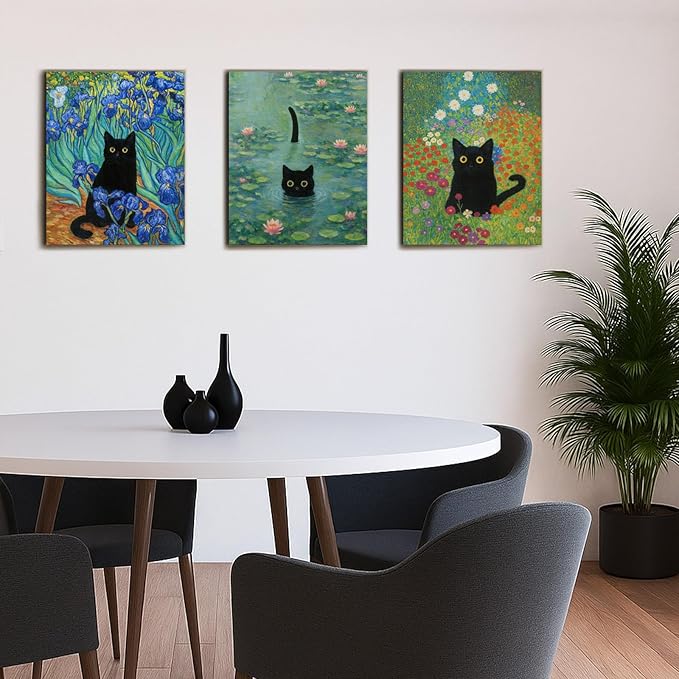 Monet Wall Art, Funny Cat in Water Lilies Canvas Prints, Black Cat Aesthetic Pictures for Living Room, Bedroom, Bathroom, Kitchen, Home Decor, Modern Cat Lover Gift Idea, Wrapped 11’’x14’’x3 pcs