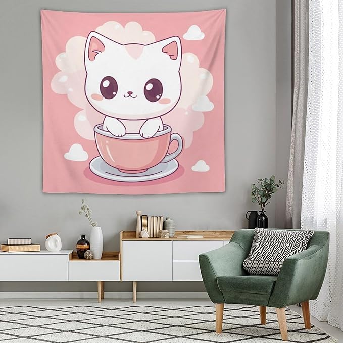 MaSiledy Tapestry Kawaii Cat Tapestries for Bedroom Pink Smile Kitten Cat Face Meow Wall Tapestries for Bedroom Colorful Wall Hanging Aesthetic Wall Art For Room Decor Landscape 60"x60"