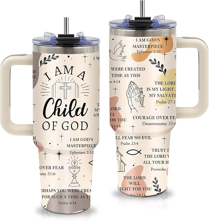 Christian Child of God Tumbler 40oz with Handle and Straws, Leak - proof, Stainless Steel Insulated Travel Mugs for Believers, Faith - based Gift Cup for Christmas,Women,Girls or Daily use