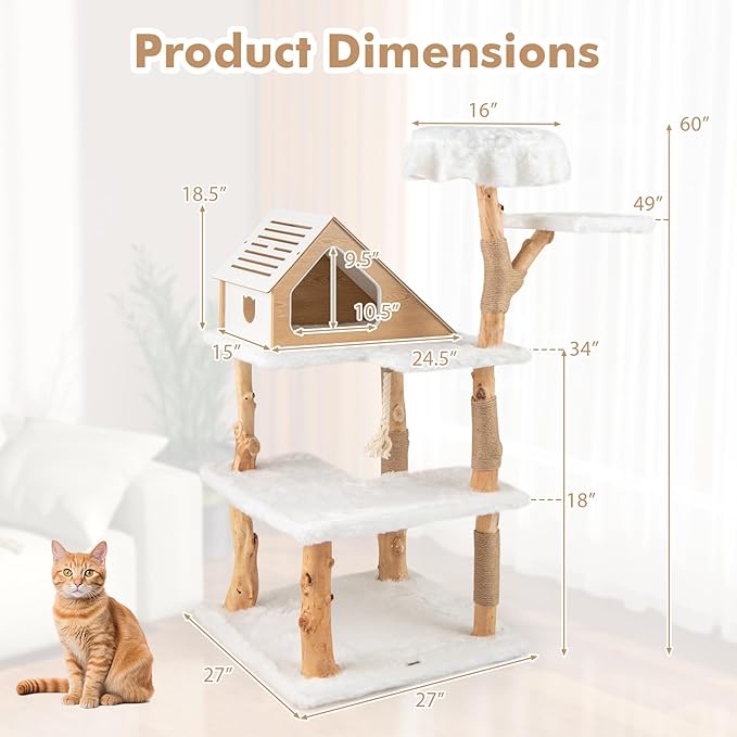 Tangkula Solid Wood Cat Tree, Modern Wooden Cat Tower with Jute Scratching Posts, 2 Perches, Condo, Sisal Rope, Soft Long Plush, 60 Inch Tall Cat Tree Tower for Indoor Cats Large Adult