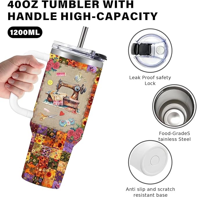 Funny Sewing Tumbler 40oz - I Don't Hoard Fabric I Just Shop Faster Than I Quilt Gift for Quilters, Sewing Lovers - Insulated Stainless Steel Cup with Handle & Straw