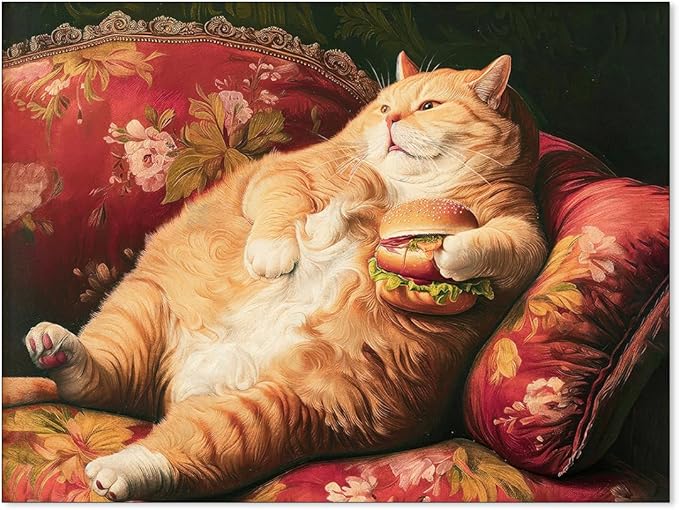 OMANI Victorian Renaissance Canvas Poster Funny Fat Cat With Hamburger Wall Art Lying In Sofa Cute Cat Painting Wall Decor for Animal Lover Gift 08x10 inch Unframed