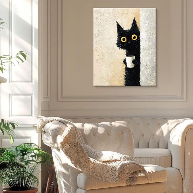 Funny Black Cat Wall Art Decor Vintage Cute Pet Peeking Print Picture Cat Lover Gifts Wall Decor for Home Living Room 8x10 Inch Canvas Framed