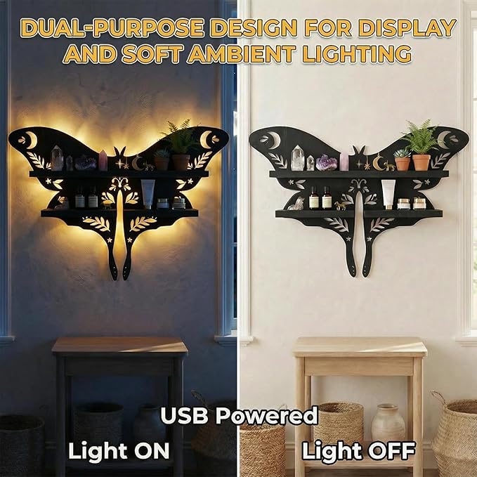 Crystal Display Shelf Wall Moon Shelves Luna Moth Hamsa Hand Holder Floating Wall Mounted Decorative Crystal Shelf (Moth-15 * 10.8inch/38.5 * 27.5cm)