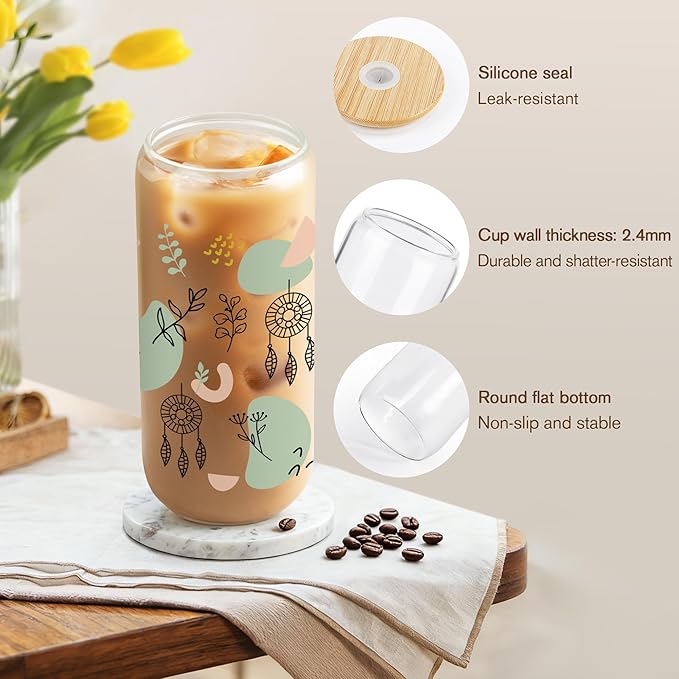 Joeyan Glass Cup with Lid and Straw, 20oz Iced Coffee Cup, Boho Dreamcatcher Floral Pattern Tumbler, Aesthetic Drinking Glasses for Smoothie Boba Tea, Bohemian Mothers Day Gift for Women Mom Friend